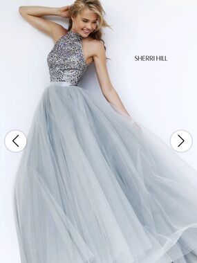 Sherri Hill Silver Sequin High-Neck Light Gray Tulle Ball Gown